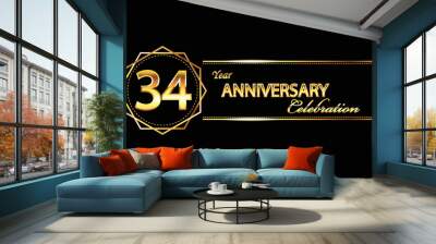 34 anniversary celebration. 34th anniversary celebration. 34 year anniversary celebration with gold shine and black background. Wall mural