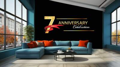 7 Year Anniversary celebration Vector Design. 7th Anniversary celebration. Gold Luxury Banner of 7th Anniversary celebration with red ribbon and glitter. Background celebration. Vector anniversary Wall mural