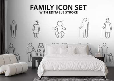 Family icons. People icons About family. Set line people icon related to family members. Vector illustration. Editable stroke. Wall mural