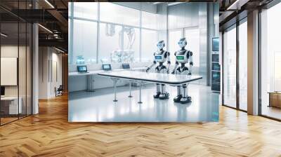 In a lab, two robots stand next to a table with laptops Wall mural