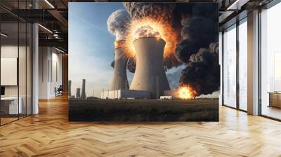 nuclear power plant exploding with a huge mushroom cloud, creating a dramatic and catastrophic scene. Wall mural