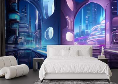 Futuristic night city panorama with neon lights. 3d rendering Wall mural