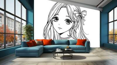 hand drawn anime girl illustration coloring page adult coloring, beautiful girl, manga girl illustration, black outline,portrait of a girl Wall mural