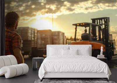 Truck driver parked at a loading dock, guiding a forklift operator as cargo is loaded into his truck Wall mural