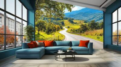 Winding road through green hills on a sunny day. Wall mural