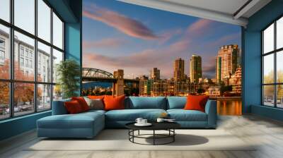 Panorama view Granville island near Burrard Street Bridge at twilight in Vancouver,Canada Wall mural