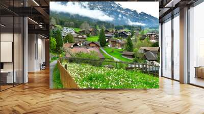 View of alpine Wengen village Beautiful outdoor scene in Switzerland Wall mural