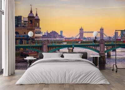 Orange sunset with London cityscape, including Southwark bridge, Cannon Street railway bridge and Tower bridge Wall mural