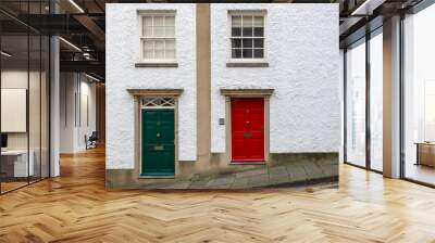 Two house frontages decorated with green and red doors around Brandon Hill in Bristol, England Wall mural