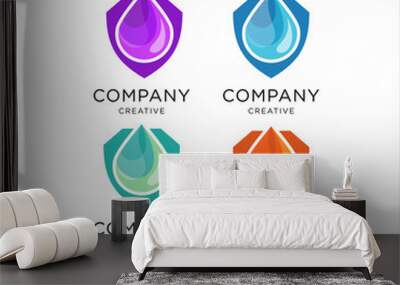 shield logo template, water drop icon design, Waterproof Water Shield Logo Template Wall mural