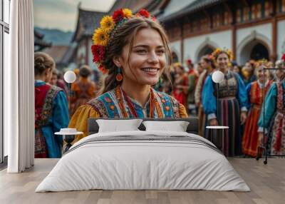 A beautiful young woman in a traditional Russian costume in the village Wall mural