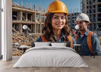 Portrait of smiling female engineer and male construction worker looking at camera, International Worker's day, Labour Day, Health & safety at work Wall mural