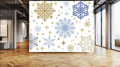 Christmas and Happy New Year snowflake seamless border, festive ornate style repeat backdrop with blue and gold snowflake and star confetti isolated on transparent background,png, illustration Wall mural