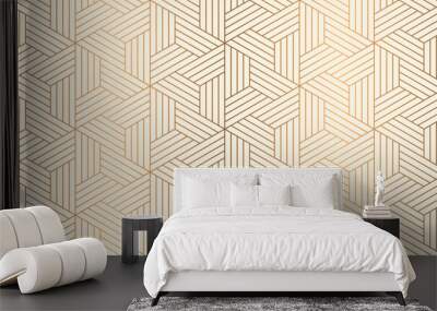 Luxury geometric seamless art deco pattern gold hexagon with striped line on beige background. Vector illustration. Wall mural