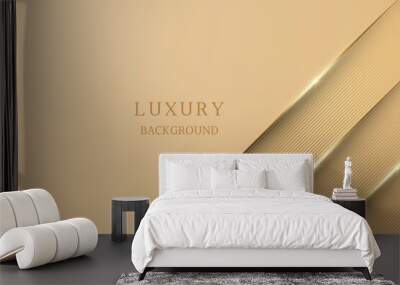 Luxury gold background with golden straight line and paper layer in 3d ,origami paper art style for landing page , banner, presentation, poster, vector illustration. Wall mural