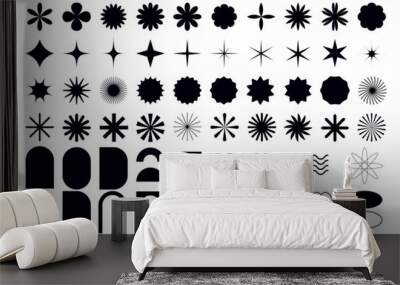 Y2k brutalism shapes, minimalist geometric elements, star flower, sunray, arc form for bold frame design, vector illustration set. Wall mural