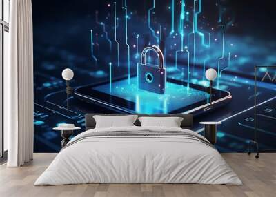 Ensuring secure connections and cybersecurity services. A close-up device motherboard alongside safety locks, verified login credentials, and interconnected protection. As wide banner design Wall mural