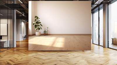 White wall mockup with brown curtain, plant and wood floor. 3D illustration. Wall mural