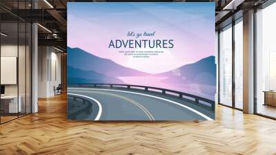 A beautiful mountain road running along the river. Asphalted road with markings. Outlines of the mountains in the evening twilight in the background. Vector illustration. Wall mural