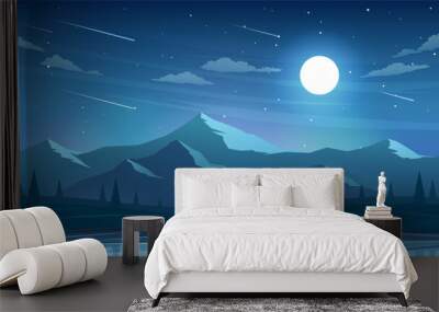 A beautiful night scene. Silhouettes of mountains and trees are reflected in the water. Full moon in the dark sky. Concept of tourism, hiking. Vector illustration. Wall mural