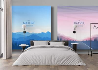 A collection of landscapes. Sunset near the river, mountain ranges and forest, road in the mountainous area. Vector illustration. Design for postcard, greeting card, cover, poster. Wall mural