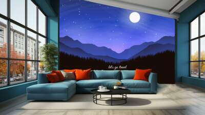 Mountain landscape. Night starry sky and full moon. Silhouettes of mountains and hills in the foreground. Vector illustration. Adventures, tourism, hiking. Banner, wallpaper, postcard design. Wall mural