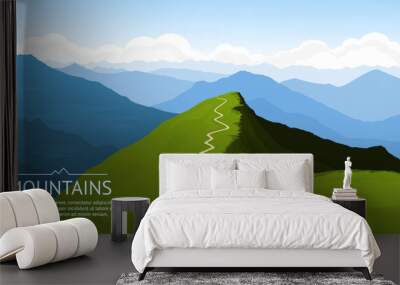 Mountain landscape. The path leading up to the top. A panoramic view of the mountains opens from the top of the rock. Warm summer sunny day. Vector illustration background. Wall mural