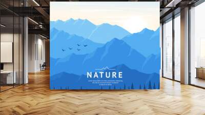 Mountain ranges and rocks. Coniferous forest. Foggy landscape in blue tones. Tourism concept. Design for banner, background, web page, cover, brochure. Vector illustration. Wall mural