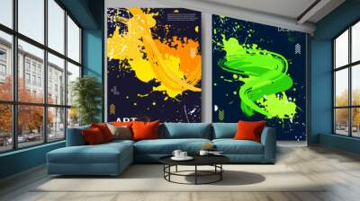 Set of abstract posters. Bright brush strokes, a colorful splash of paint or ink on a black background. Design background, cover, postcard, banner. Vector illustration. Wall mural