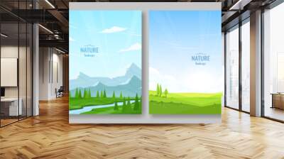 Set of summer posters. Agricultural field, river flowing through the valley, mountains and forest, blue sky, sunny day. Design for postcard, poster, cover. Vector images. Wall mural