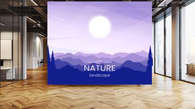 Sunset or sunrise in the mountains. Fir trees in the foreground. A panoramic view of the mountain ranges. Vector image. Minimalist flat style. Background, cover, banner, wallpaper design. Wall mural