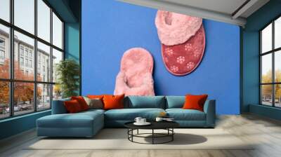 Pink warm women's slippers on a blue background Wall mural