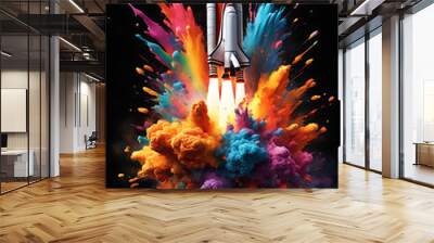 Creative space rocket exploded with colorful paints and splashes on a dark background. Creativity thinking concept Wall mural