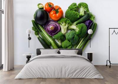 Heartshaped fresh veggies on a green backdrop - world food day. world vegetable day Wall mural