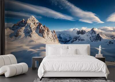 Mountain peak of the tibetan snow-capped mountains serene. Winter’s silent embrace, a beautiful panorama of the mountains at sunset Wall mural