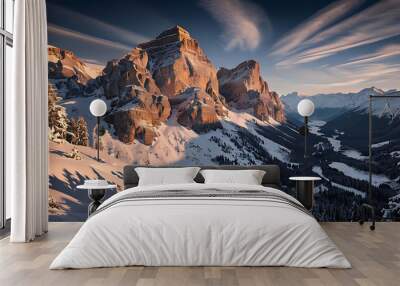 Mountain peak of the tibetan snow-capped mountains serene. Winter’s silent embrace, a beautiful panorama of the mountains at sunset Wall mural