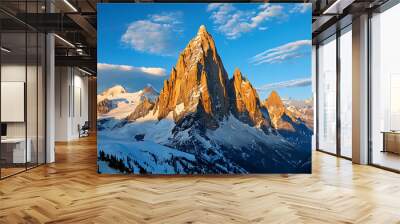 Mountain peak of the tibetan snow-capped mountains serene. Winter’s silent embrace, a beautiful panorama of the mountains at sunset Wall mural