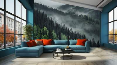 Mystical morning in the enchanted forest - Whispering woods in the mist Wall mural