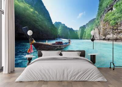 boat and beautiful sea, Phi Phi island, Thailand Wall mural