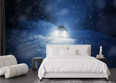 Car lights in winter forest Wall mural