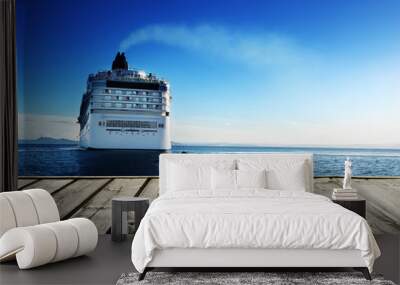 caribbean sea and cruise ship and wood pier Wall mural