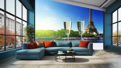 champaign Glasses and  Eiffel tower in Paris Wall mural