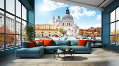 gondolas on canal and basilica santa maria della salute, venice, Wall mural