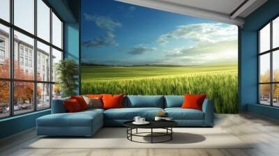 Green field of wheat in Tuscany, Italy Wall mural