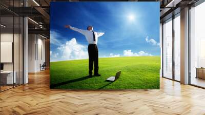 happy young businessman on spring field Wall mural