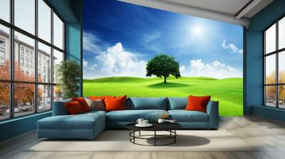 one tree and perfect grass field Wall mural