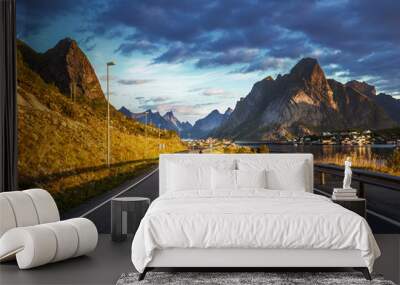 road by the sea in sunrise time,  Lofoten island, Norway Wall mural