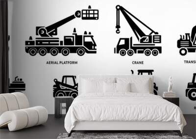 Agriculture machinery and Industrial transport vector icons. Agricultural vehicle side view silhouette black filled vector Illustration icon. Wall mural