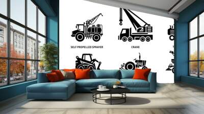 Agriculture machinery and Industrial transport vector icons. Agricultural vehicle side view silhouette black filled vector Illustration icon. Wall mural