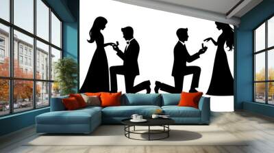 Romantic proposal of a man proposing to a woman. Set of wedding silhouettes black filled vector Illustration icon Wall mural